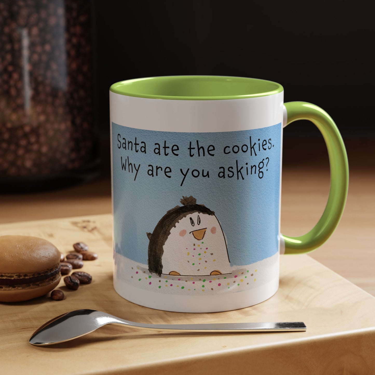 Christmas Holiday Season Coffee Mug With A Funny Penguin and Santa's cookies 11 oz and 15 oz