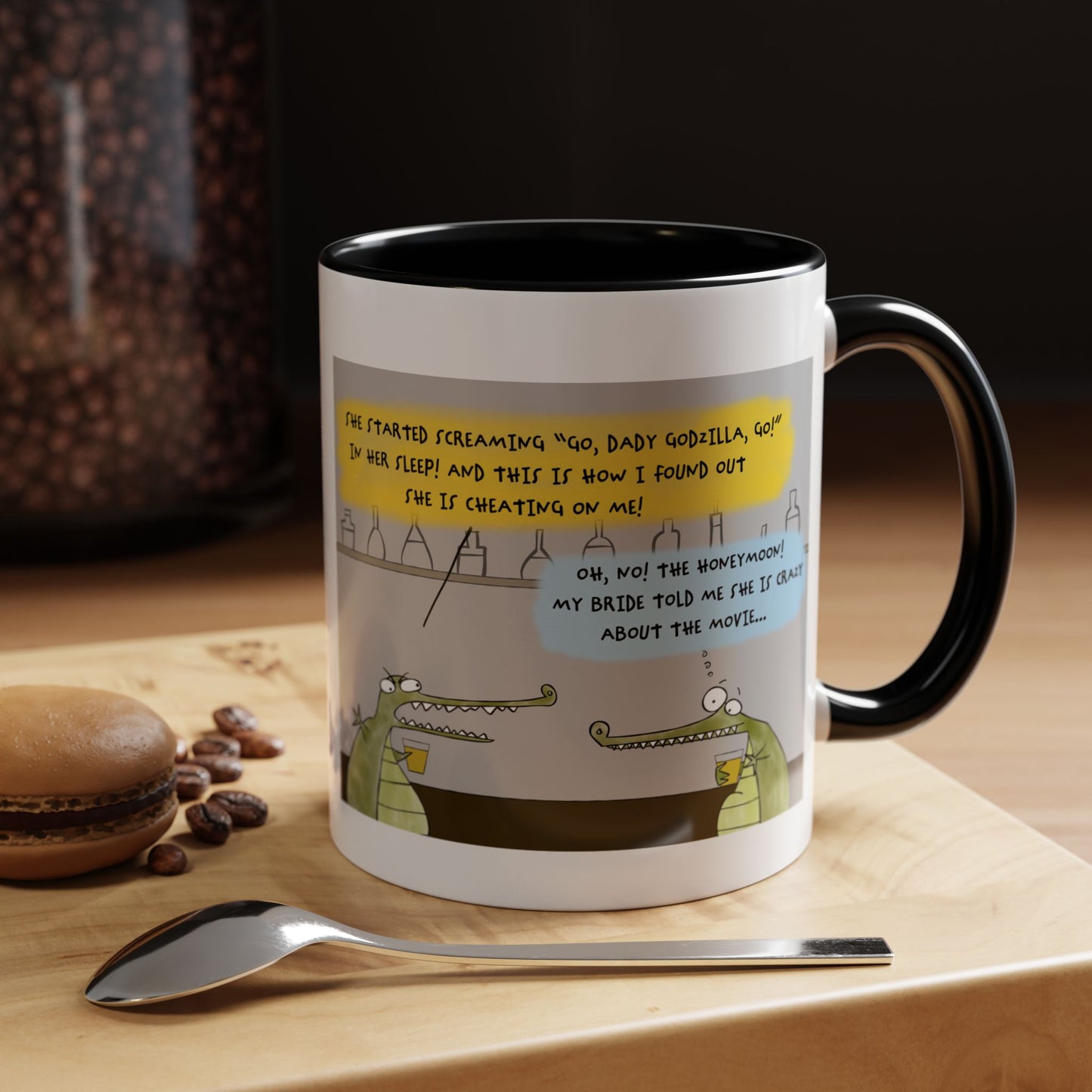 Godzilla Love Story With Two Crocodiles In A Bar And The Honeymoon Cartoon Accent Coffee Mug (11, 15oz)