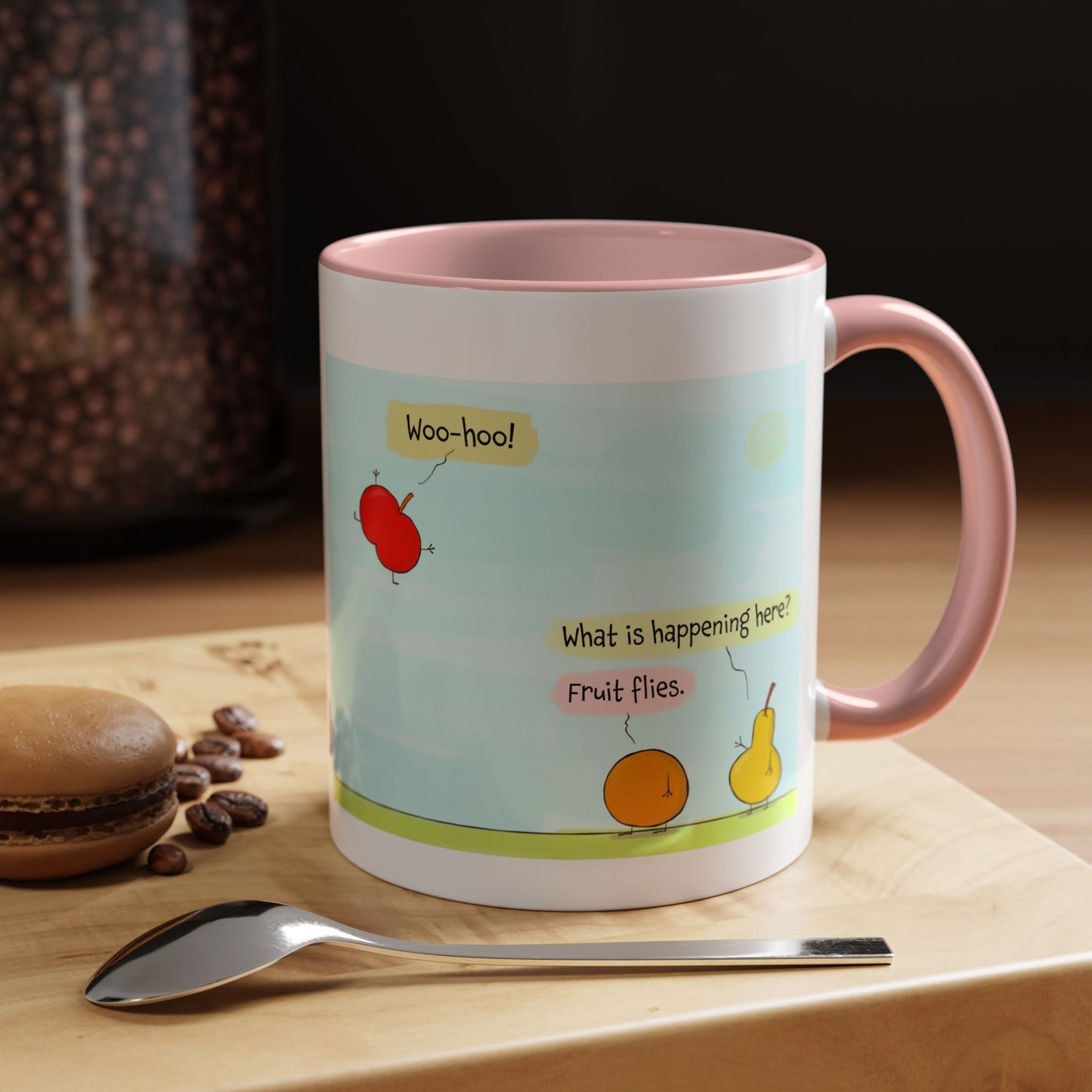 Funny Pun With Flying Red Apple Orange Pear and Fruit Flies Accent Coffee Mug 11oz