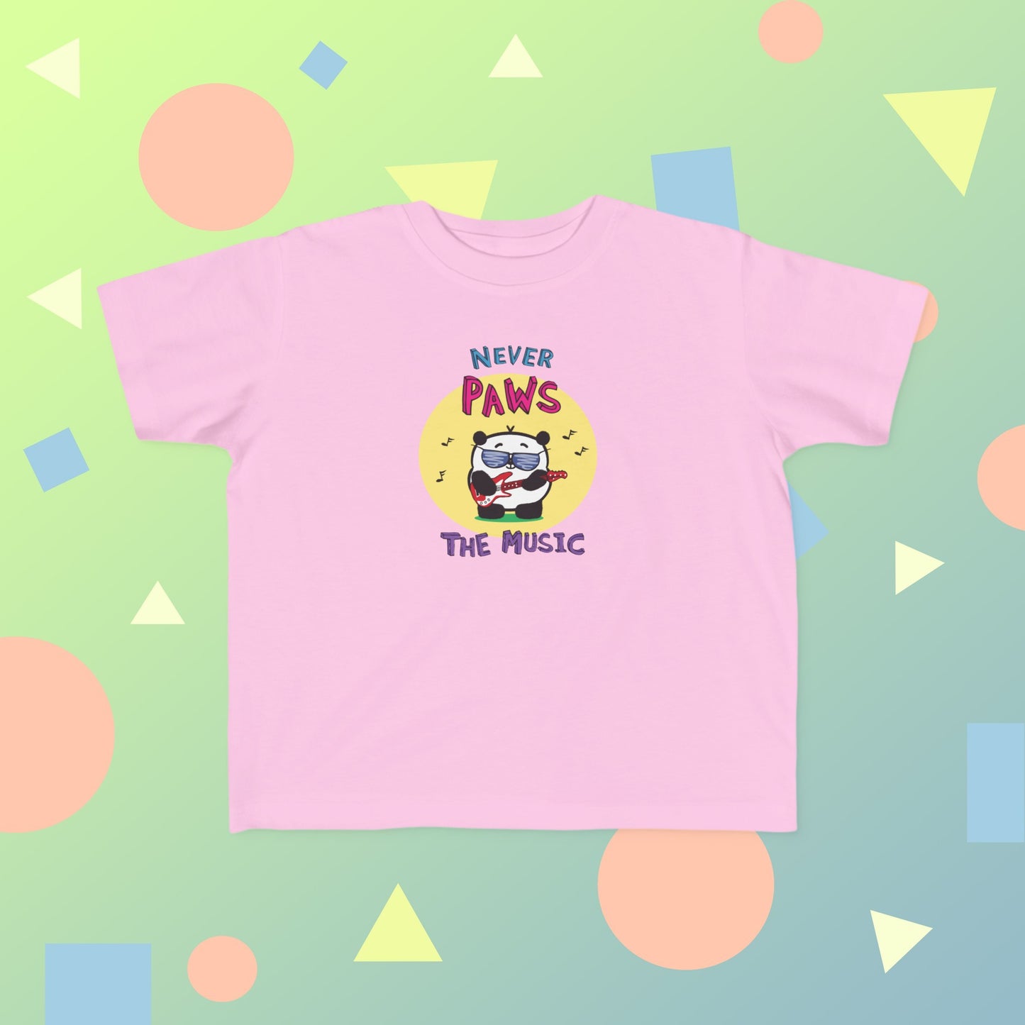 Cute Panda With Cool Sunglasses Playing Red Electric Guitar Never Pause the Music Pun Toddler's T-shirt sizes 4T, 5 and 6T