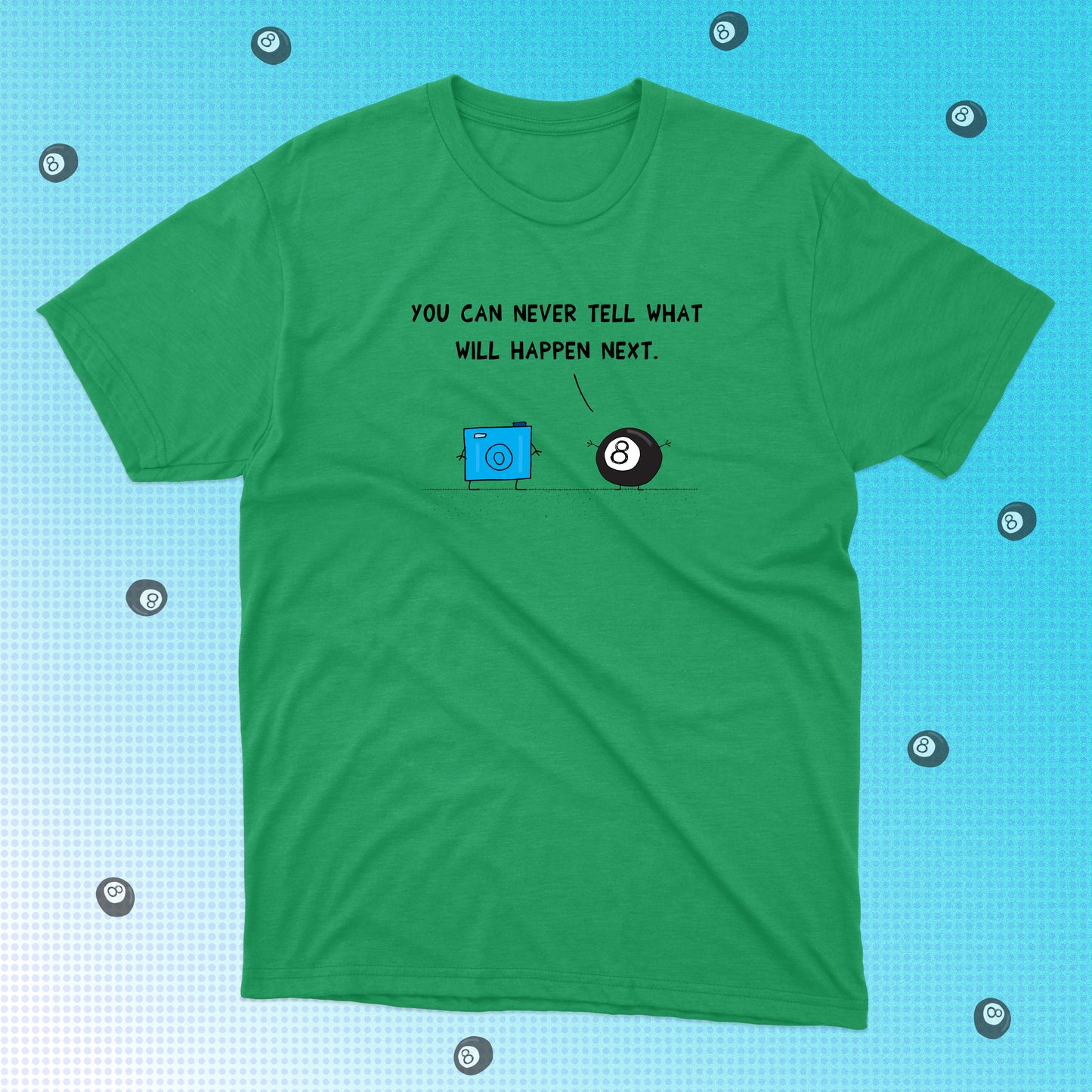 Funny T-Shirt With Cartoon Of 8 Ball Predicting The Future To A Digital Camera classic fit cotton t-shirt