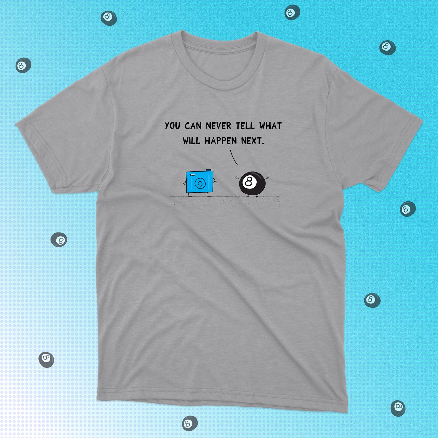 Funny T-Shirt With Cartoon Of 8 Ball Predicting The Future To A Digital Camera classic fit cotton t-shirt