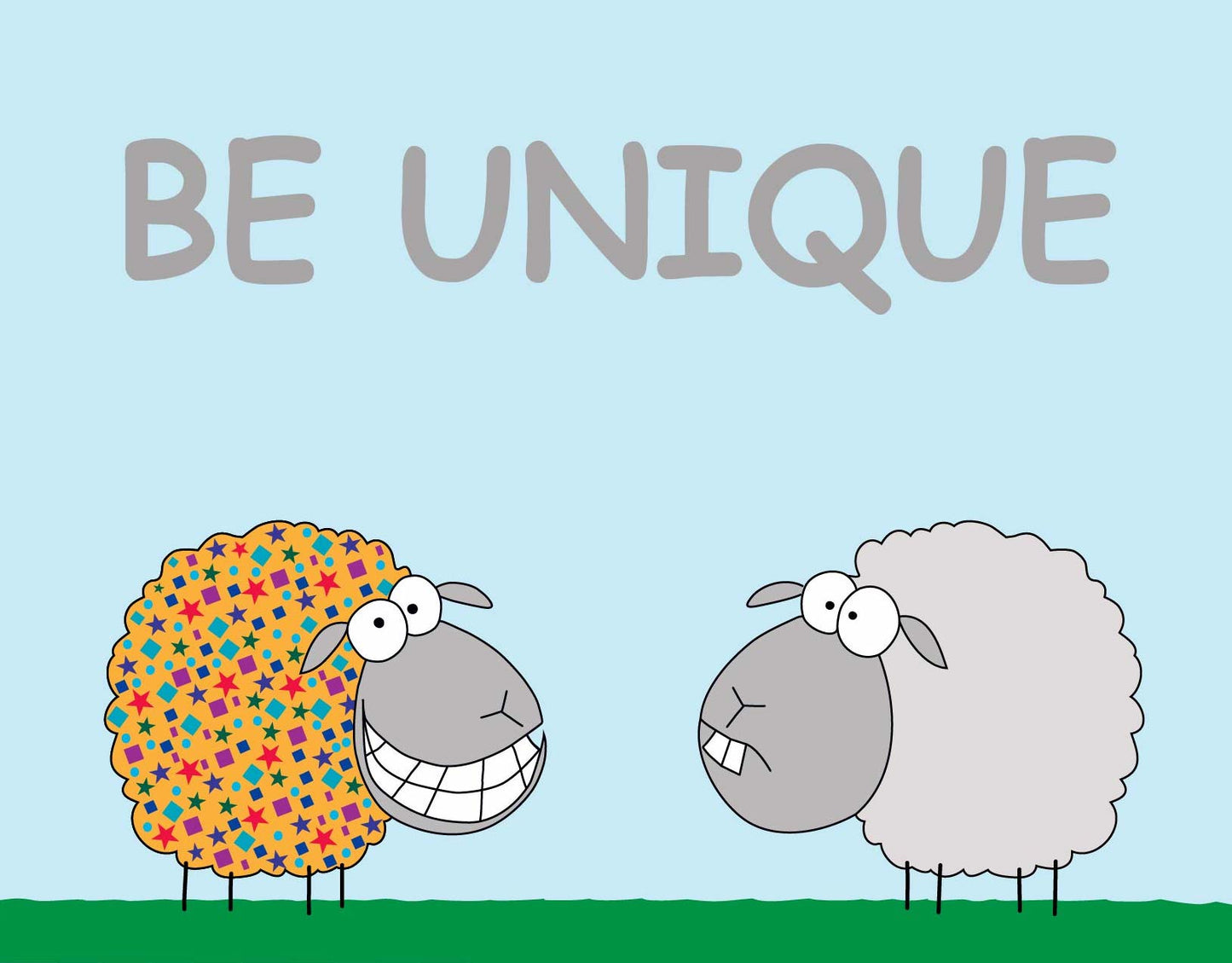 Funny Illustration Of Two Sheep In Color With Inspirational Message Be Unique Print For Boys Room
