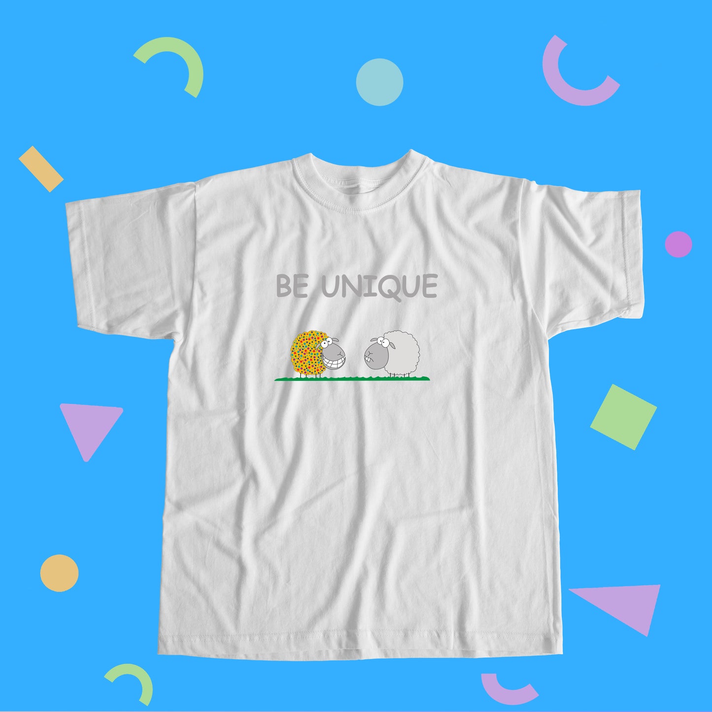 Be Unique Illustration with Colorful Cute Sheep and Inspirational Message Cotton Shirt for Positive Children
