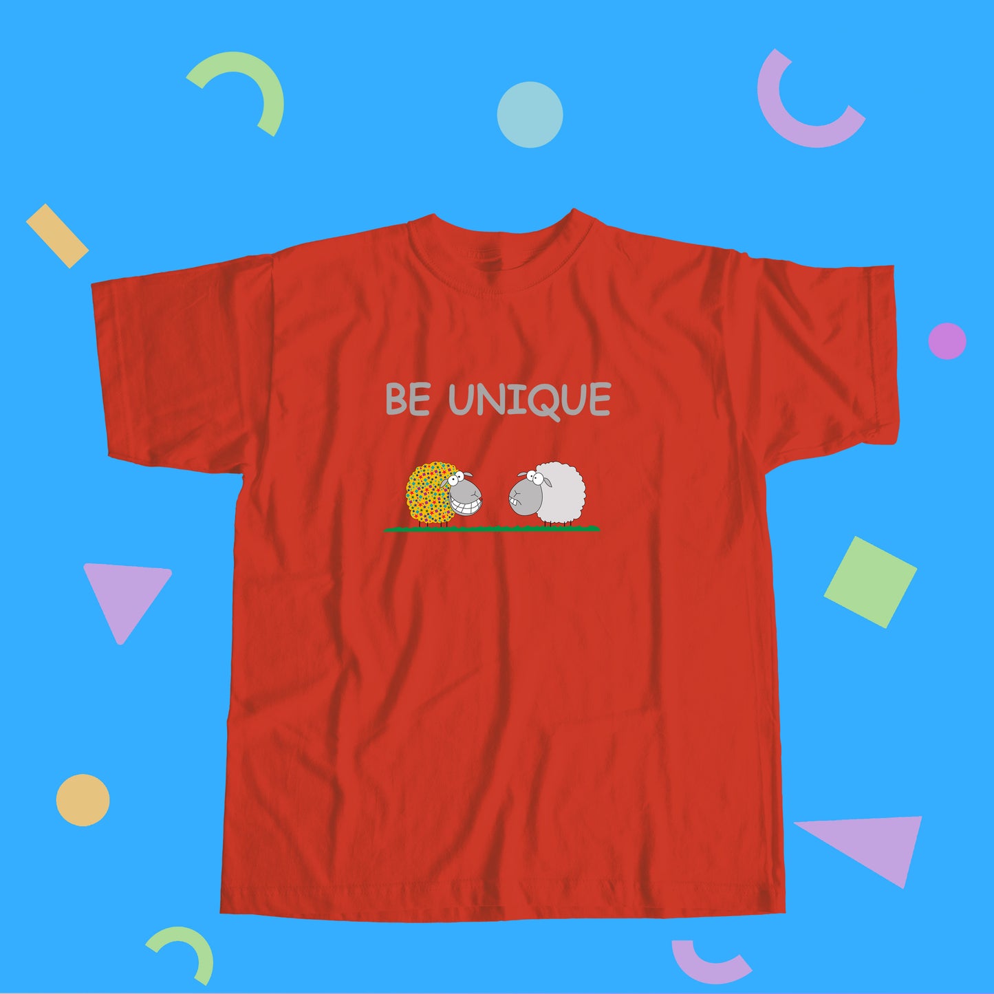 Be Unique Illustration with Colorful Cute Sheep and Inspirational Message Cotton Shirt for Positive Children