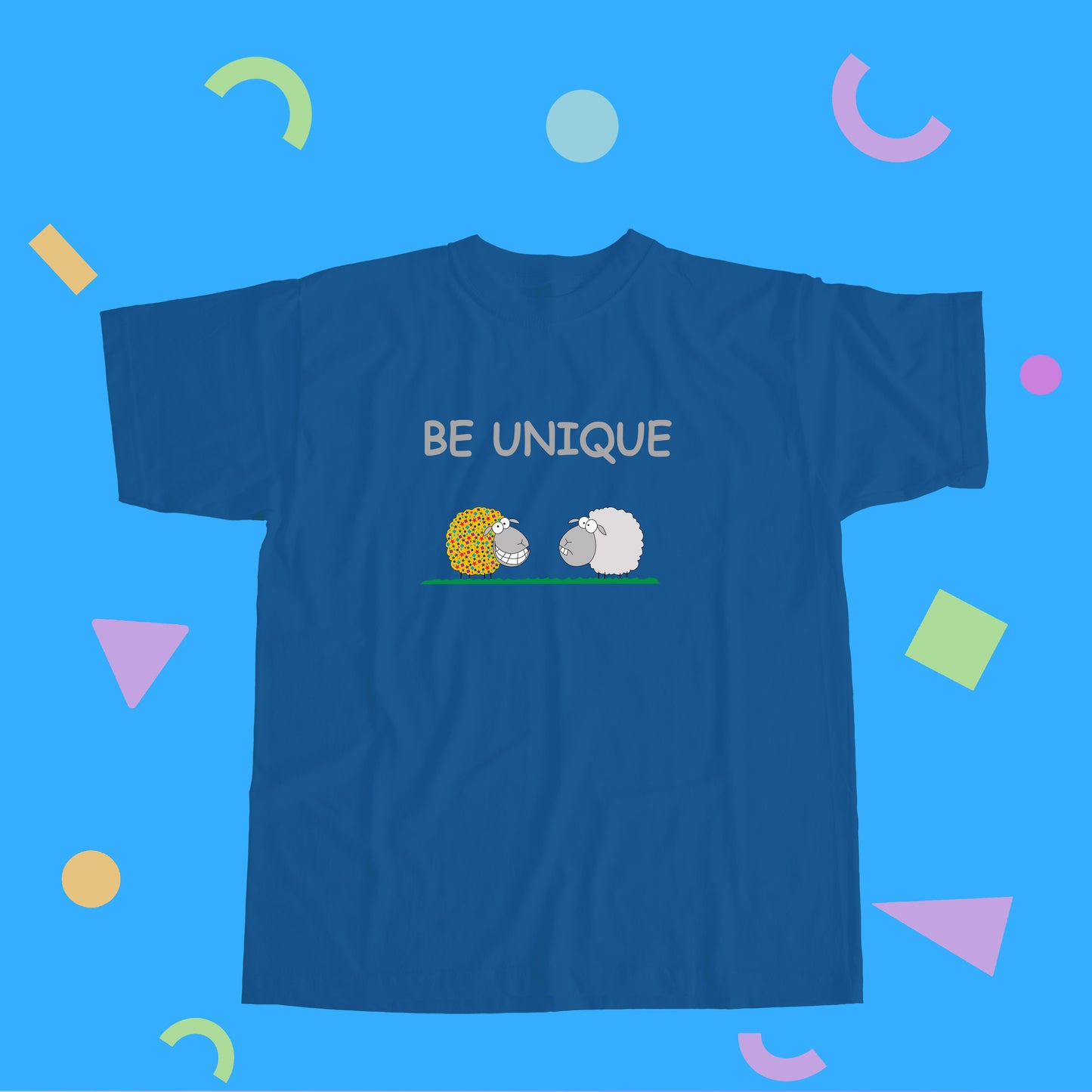 Be Unique Illustration with Colorful Cute Sheep and Inspirational Message Cotton Shirt for Positive Children