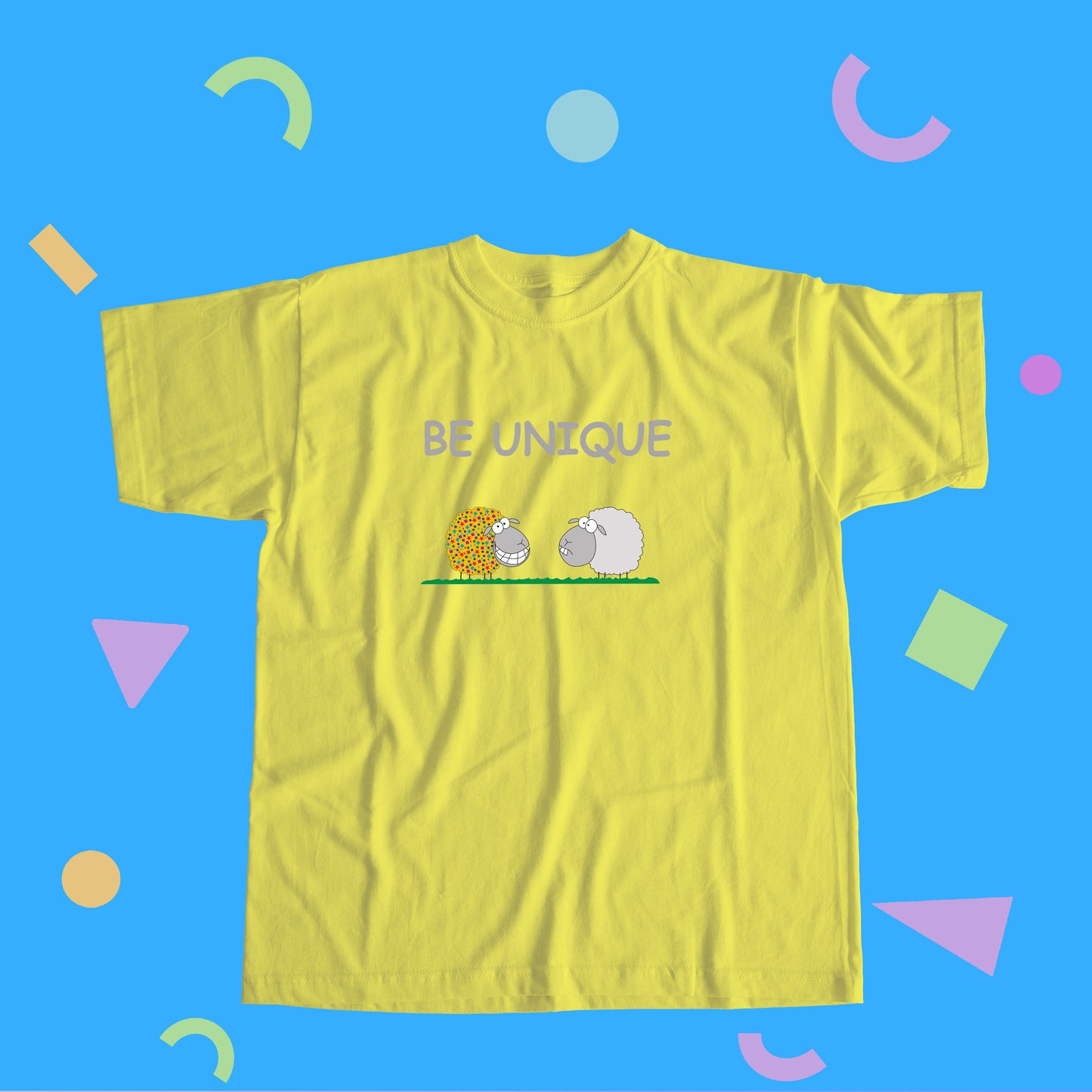 Be Unique Illustration with Colorful Cute Sheep and Inspirational Message Cotton Shirt for Positive Children