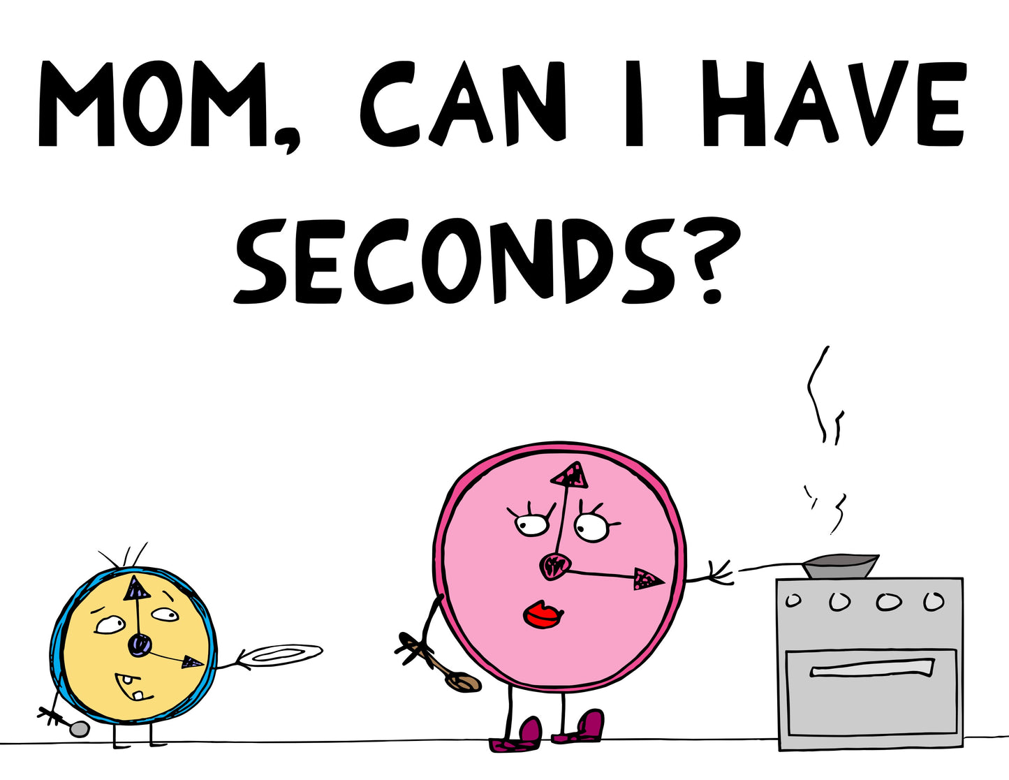Funny Pun With Mother And Child At A Family Dinner And Second Servings Clocks Cartoon Accent Coffee Mug 11 oz