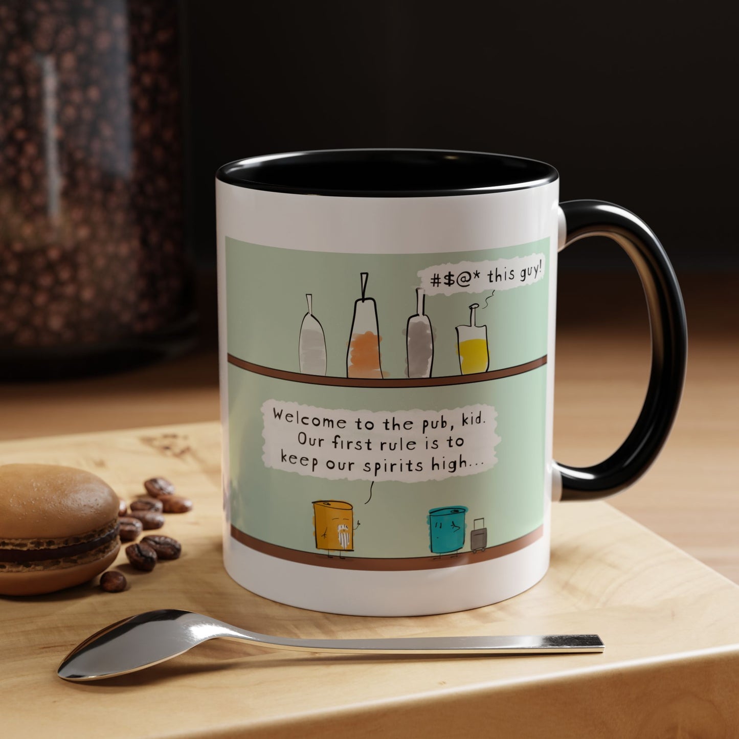 Bar Pun Joke With A Zen Master In A Bar Two Beer Cans Cartoon Accent Coffee Mug 11oz