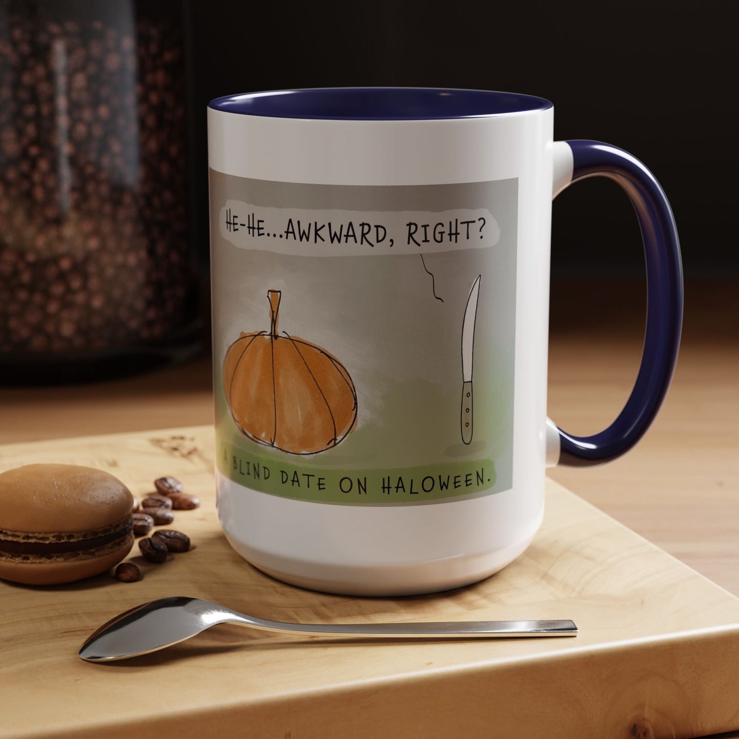 The Blind Date On Halloween Cartoon Watercolor And Ink Accent Coffee Mug 11oz and 15oz)