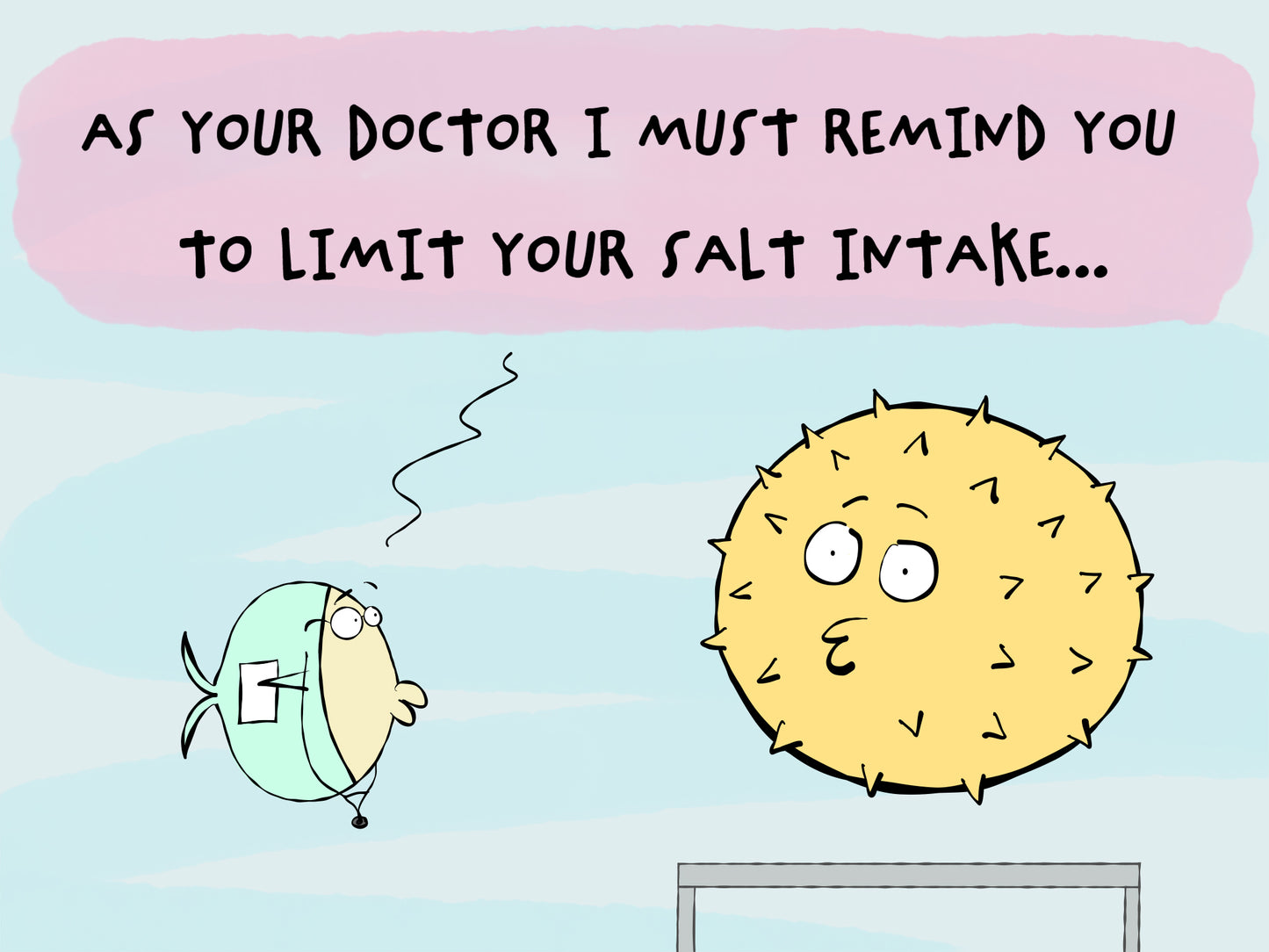 The Doctor And The Blowfish With High Blood Pressure And Salt Intake cartoon print