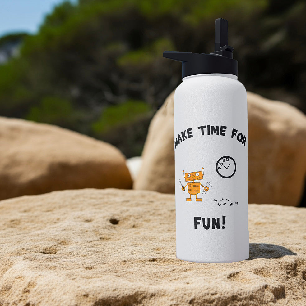 Motivational Make Time For Fun Stainless Steel Water Bottle With Cartoon Robot for Boys Eco-Friendly Hydration