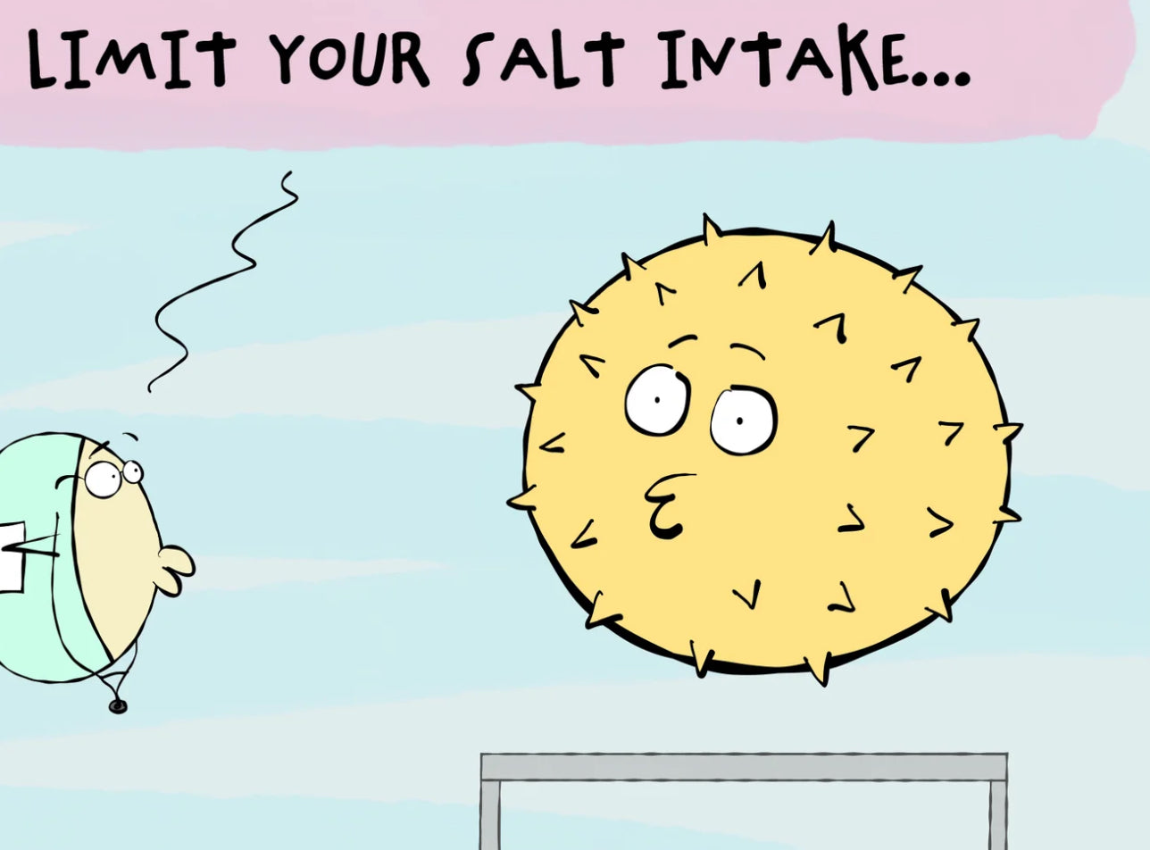 The Doctor And The Blowfish With High Blood Pressure And Salt Intake cartoon print