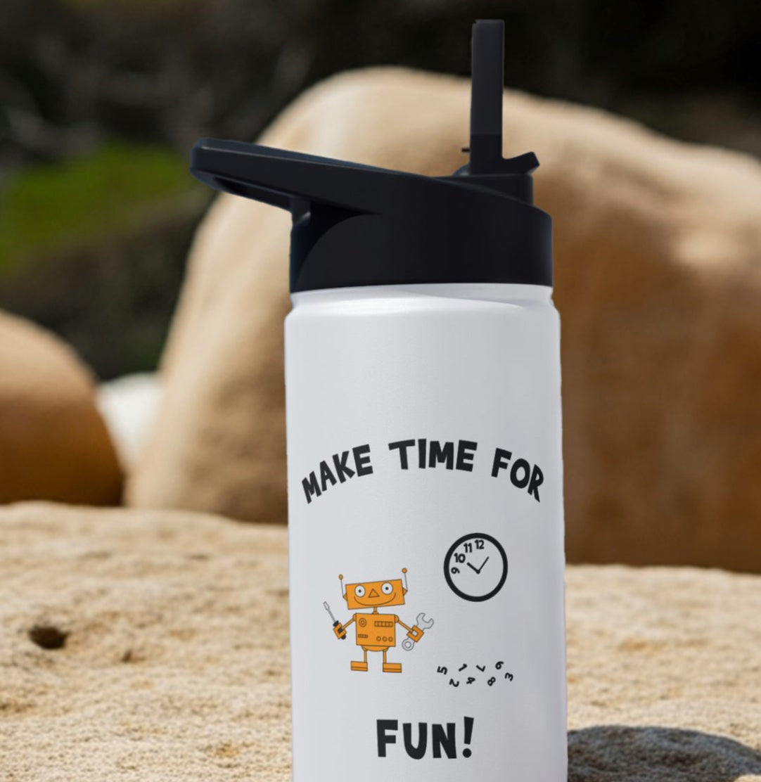 Motivational Make Time For Fun Stainless Steel Water Bottle With Cartoon Robot for Boys Eco-Friendly Hydration