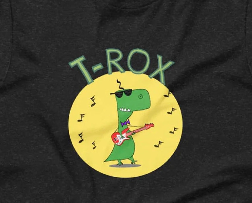 The Cool Teenage T-Rex With Sunglasses Playing Rock Music on a Red Electric Guitar shirt for teens