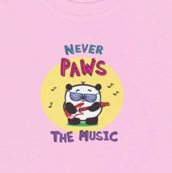 Cute Panda With Cool Sunglasses Playing Red Electric Guitar Never Pause the Music Pun Toddler's T-shirt sizes 4T, 5 and 6T