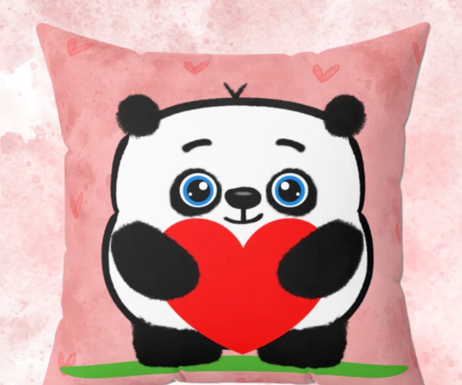 Cute Panda Holding Red Heart Valentine's Day Present For A Girlfriend Spun Polyester Square Pillow