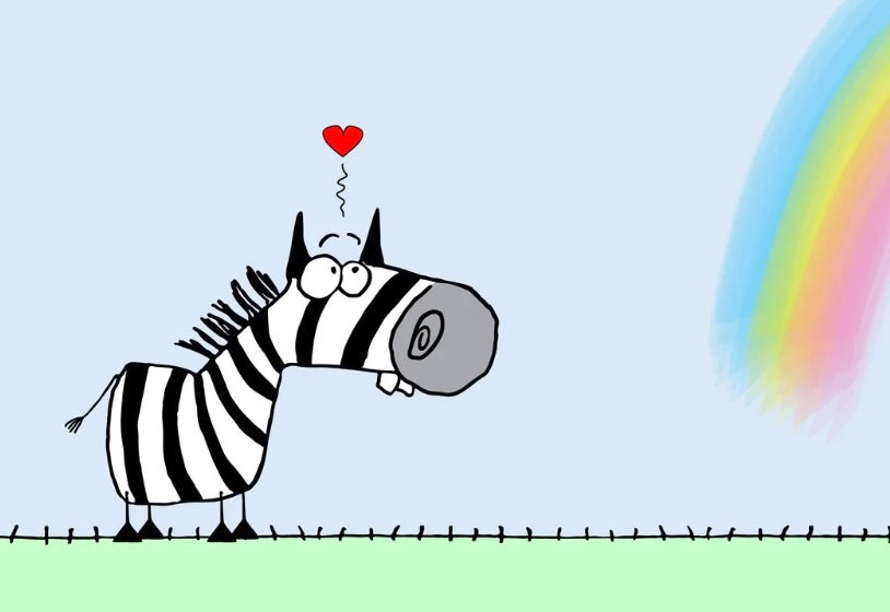 Funny Black And White Stripes Zebra and A Rainbow With Beautiful Colors Falling In Love high quality print