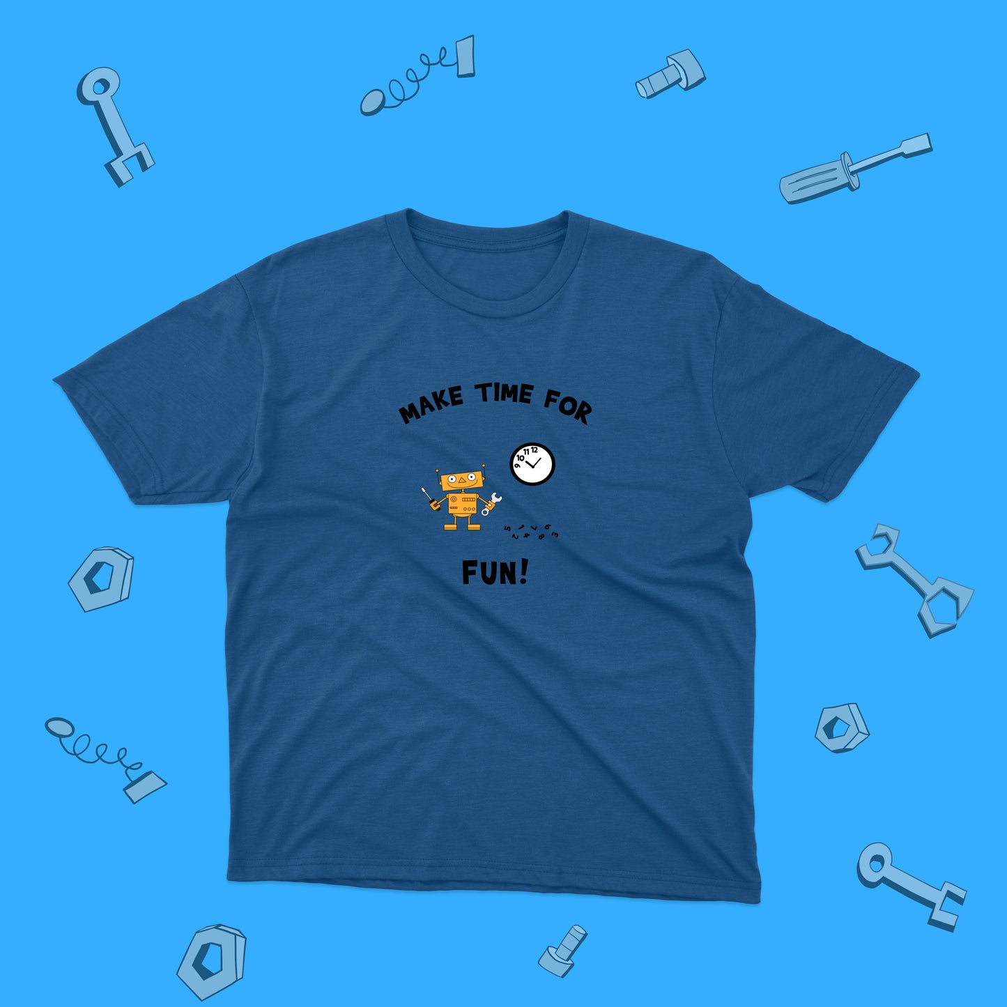 Funny Orange Robot With A Wall Clock Make Time For Fun! Inspirational Message cotton t-shirt for pre-teen boys