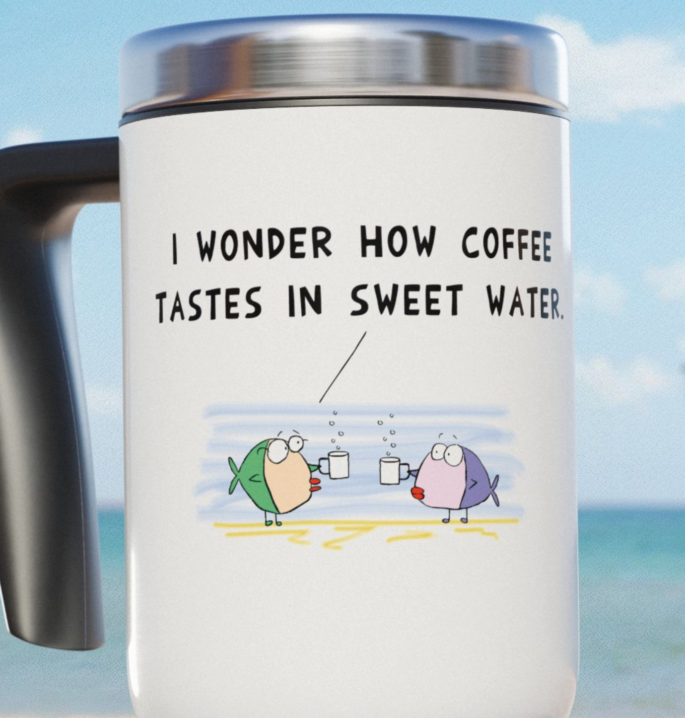 Funny Stainless Steel Travel Mug With Handle With 2 Fish and Coffee Taste, 14oz