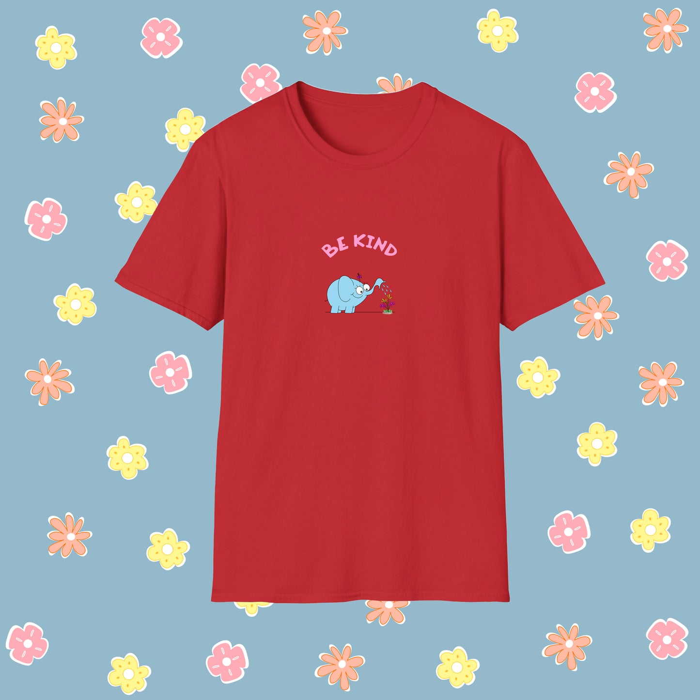 Women’s T-Shirt With Cute Elephant Positive Message Be Kind cotton white blue red colors