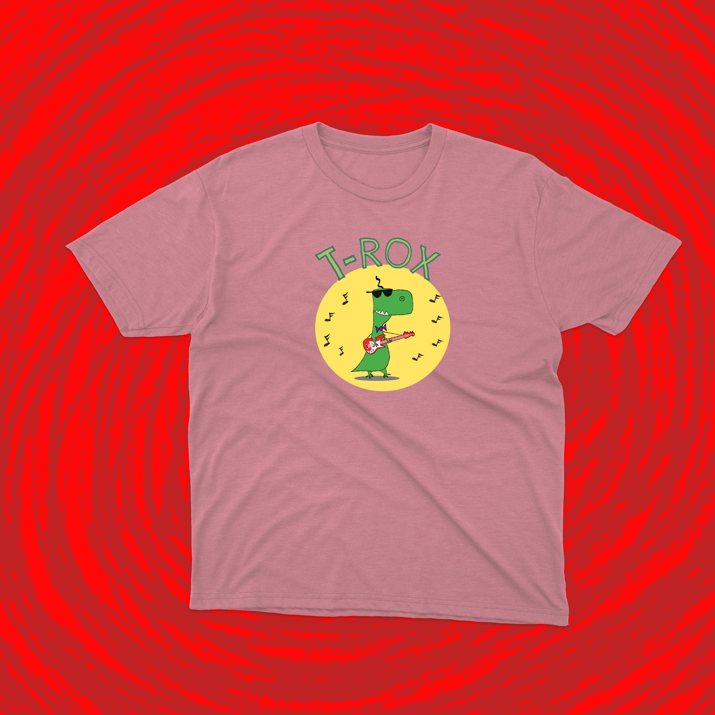 The Cool Teenage T-Rex With Sunglasses Playing Rock Music on a Red Electric Guitar shirt for teens
