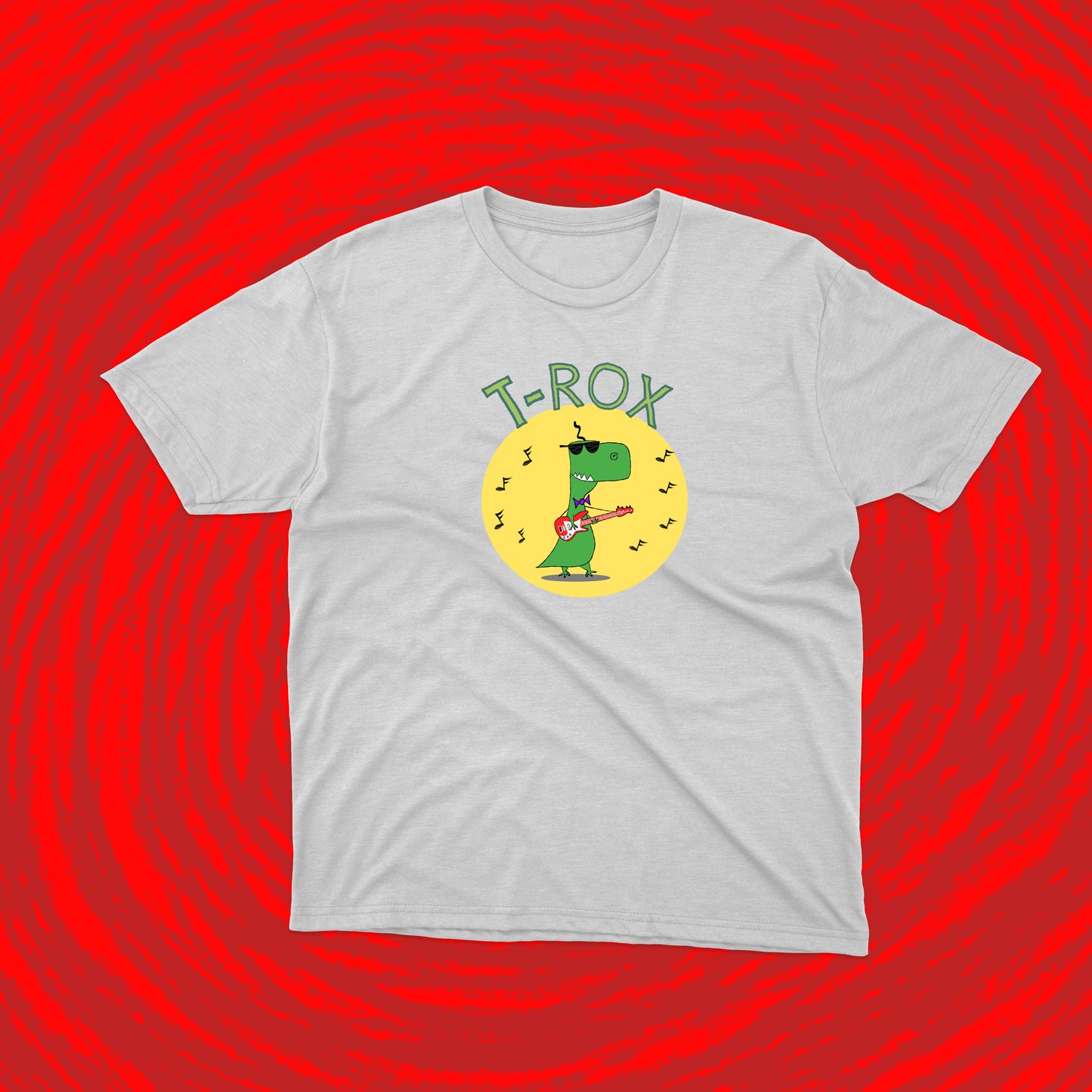 The Cool Teenage T-Rex With Sunglasses Playing Rock Music on a Red Electric Guitar shirt for teens