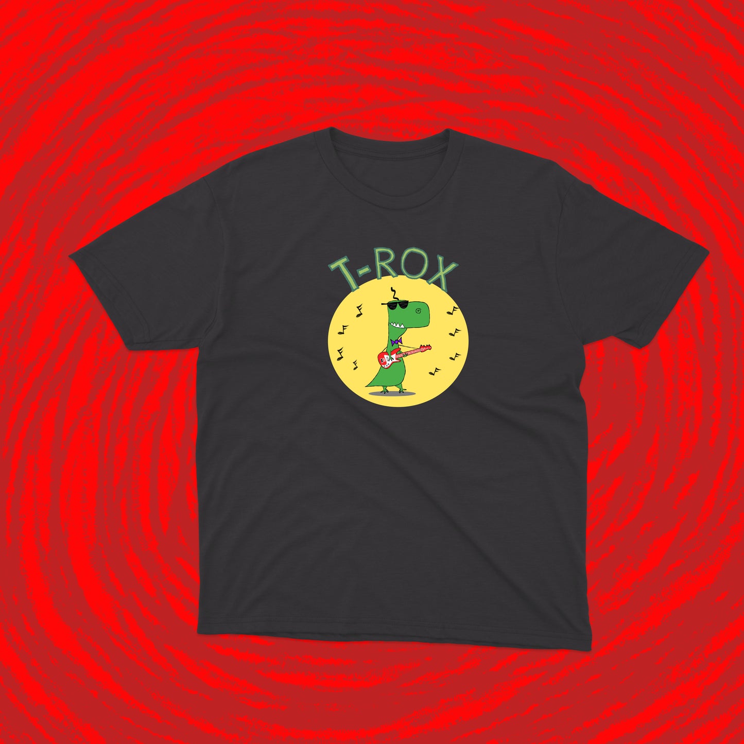 The Cool Teenage T-Rex With Sunglasses Playing Rock Music on a Red Electric Guitar shirt for teens