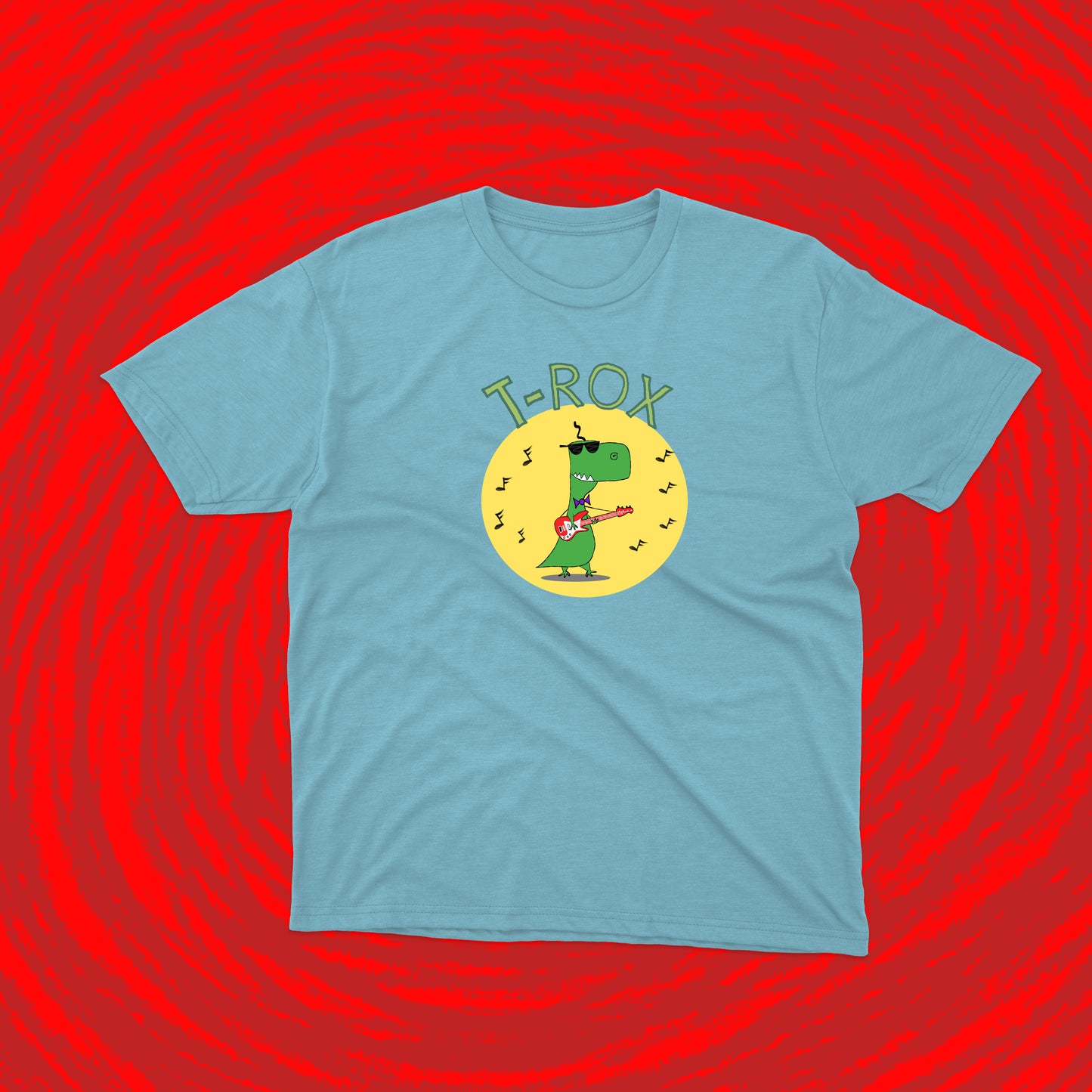 The Cool Teenage T-Rex With Sunglasses Playing Rock Music on a Red Electric Guitar shirt for teens