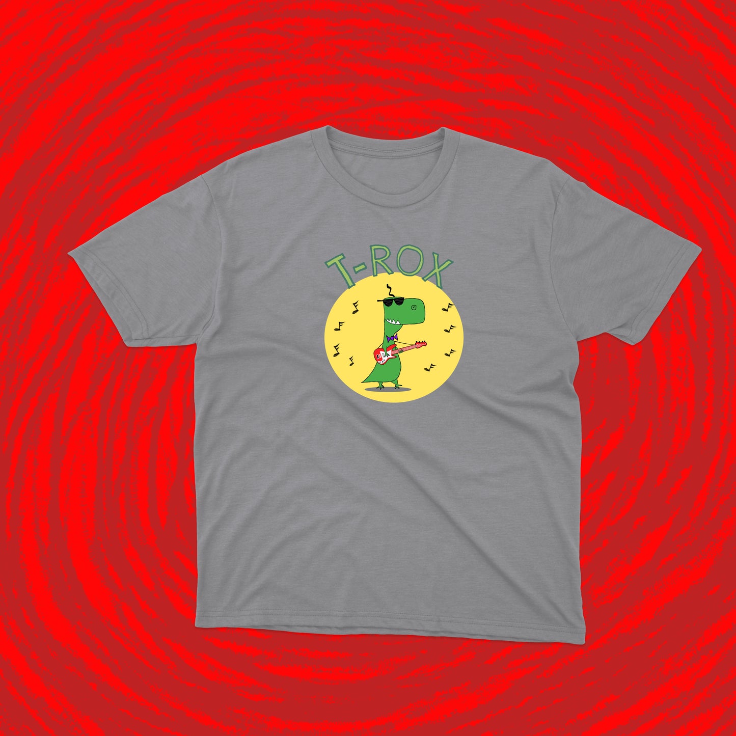 The Cool Teenage T-Rex With Sunglasses Playing Rock Music on a Red Electric Guitar shirt for teens