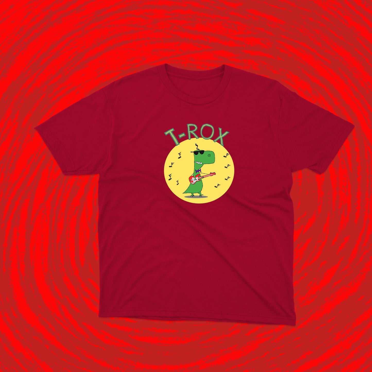 The Cool Teenage T-Rex With Sunglasses Playing Rock Music on a Red Electric Guitar shirt for teens