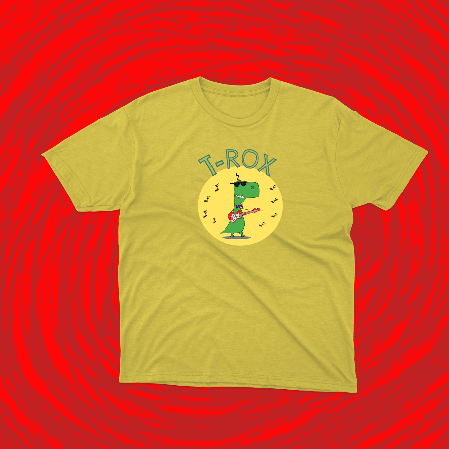 The Cool Teenage T-Rex With Sunglasses Playing Rock Music on a Red Electric Guitar shirt for teens