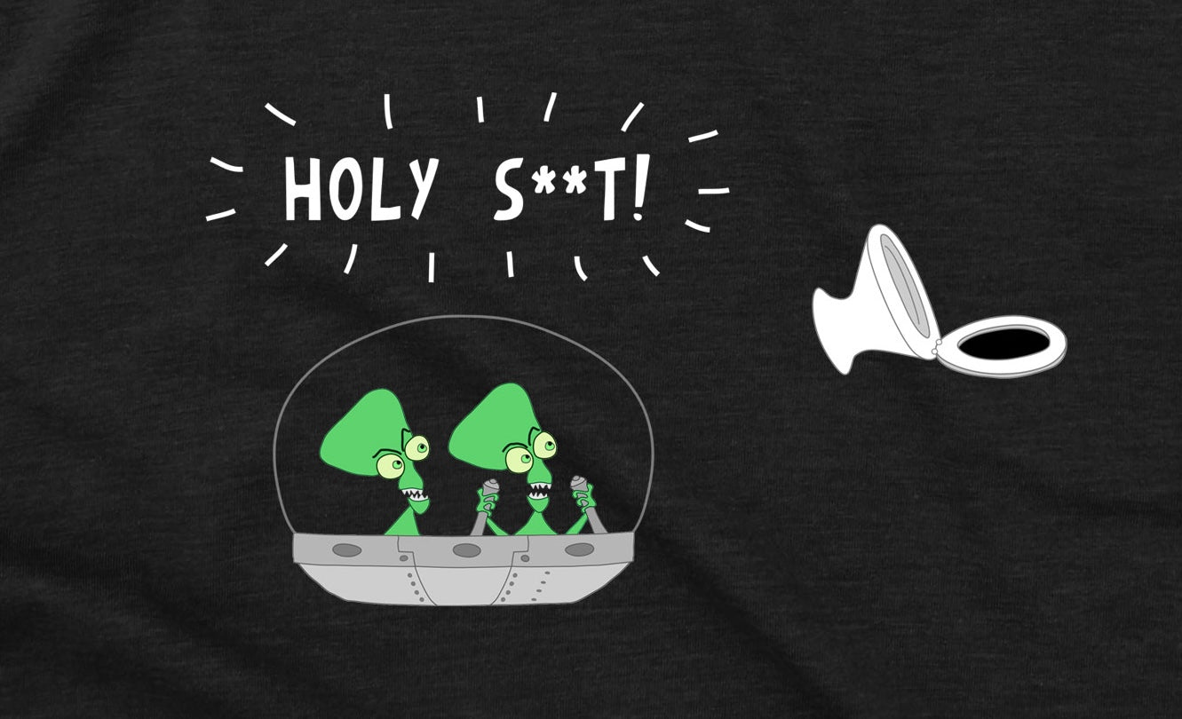 Funny Aliens And Toilet Seat In Space Holy Shit Joke Black Short Sleeve Cotton T-shirt
