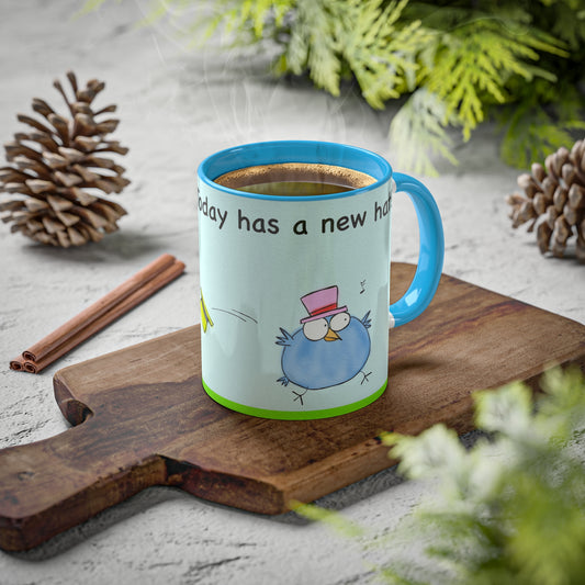 Mug With Optimism Message About Today Cartoon Of Running Blue Bird Wearing A Pink Fedora Hat accented mug 11oz