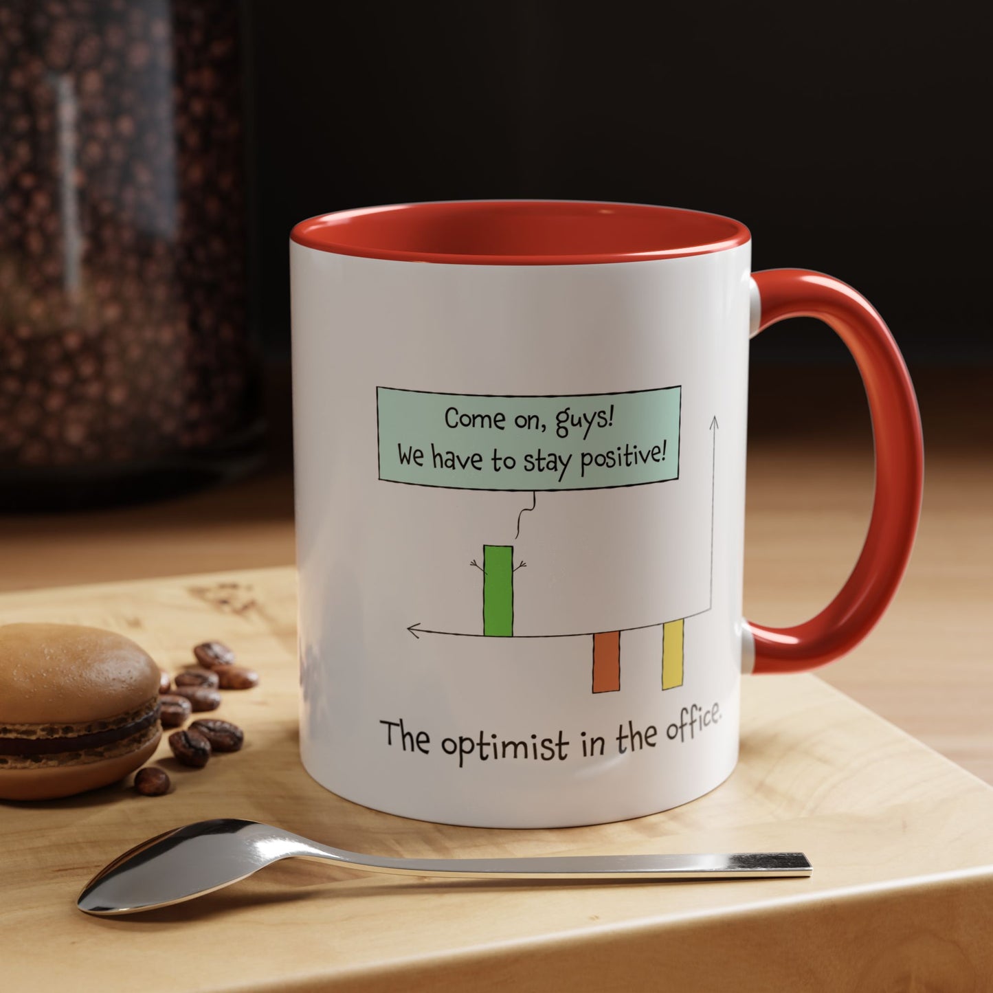 The Optimist In The Office And Positive Attitude pun joke colorful accent coffee mug 11oz and 15oz