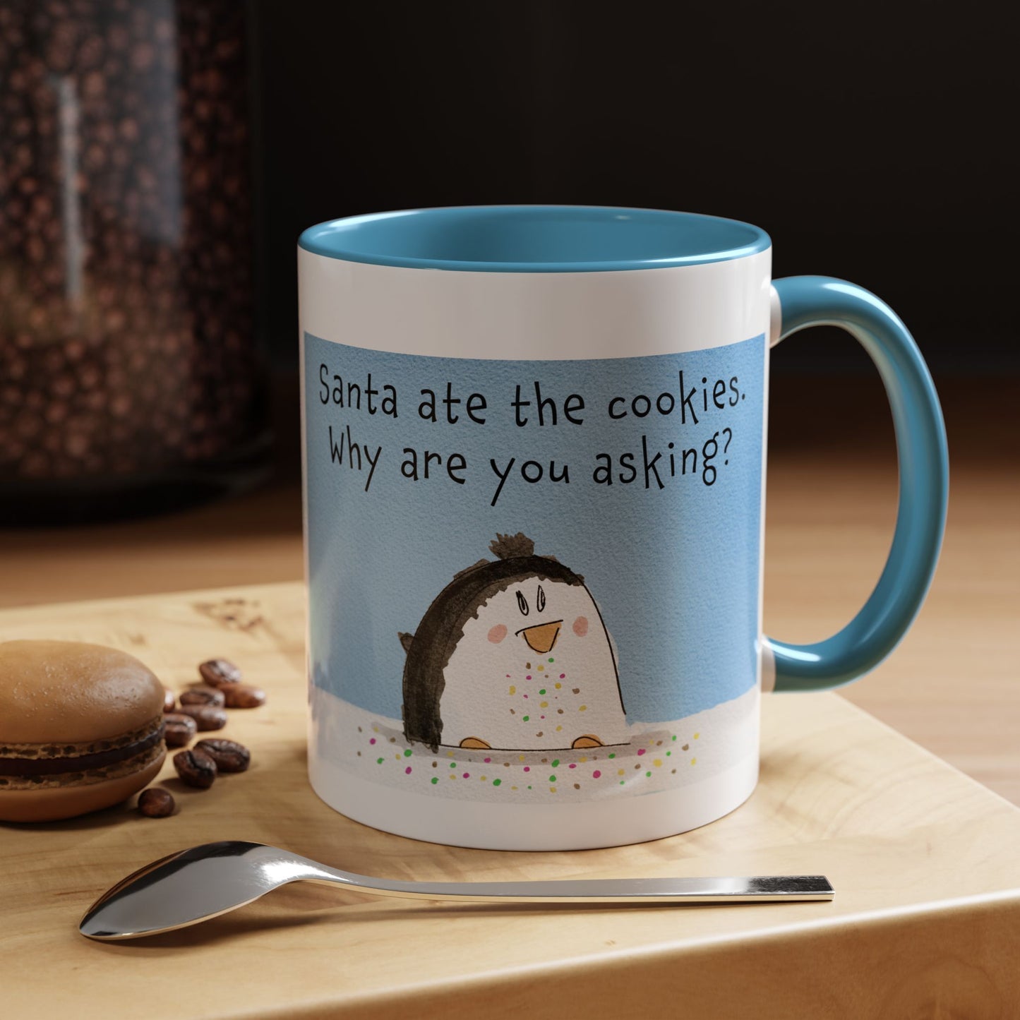 Christmas Holiday Season Coffee Mug With A Funny Penguin and Santa's cookies 11 oz and 15 oz