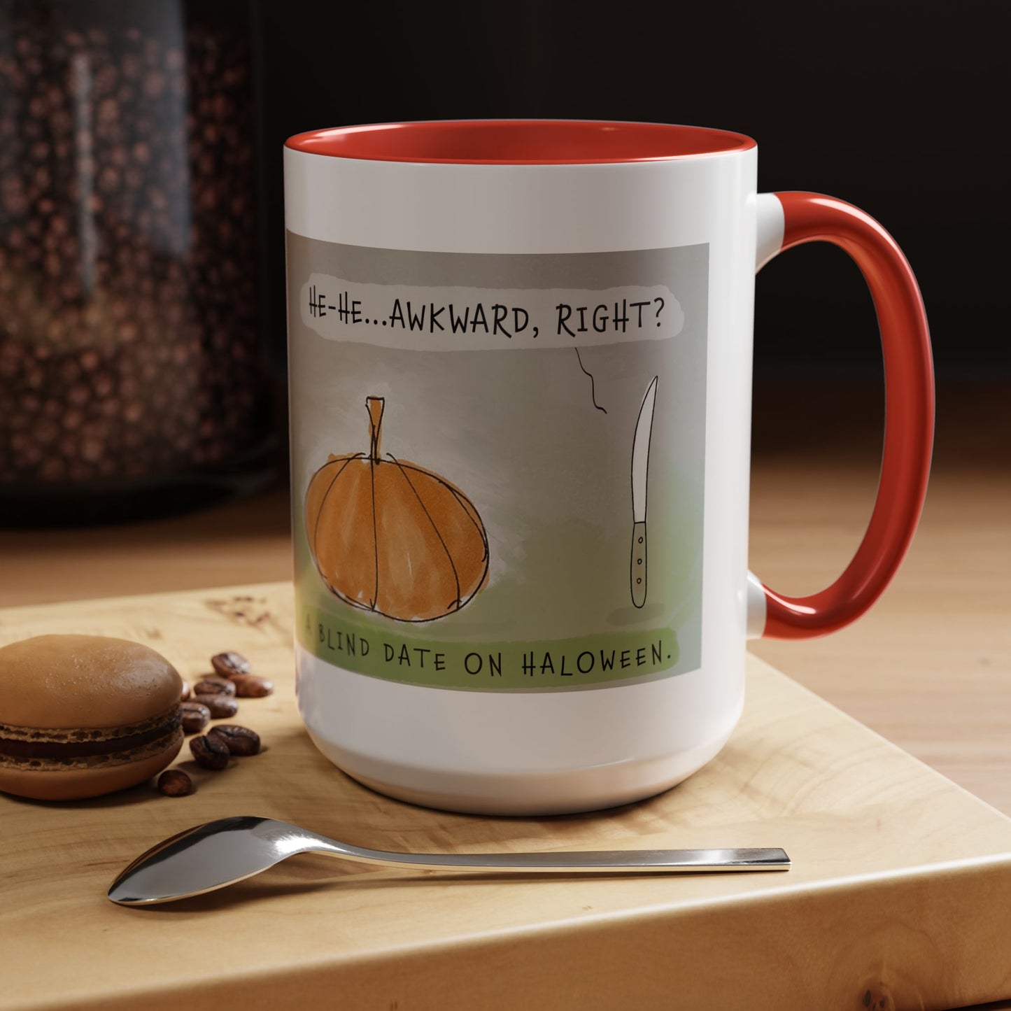 The Blind Date On Halloween Cartoon Watercolor And Ink Accent Coffee Mug 11oz and 15oz)