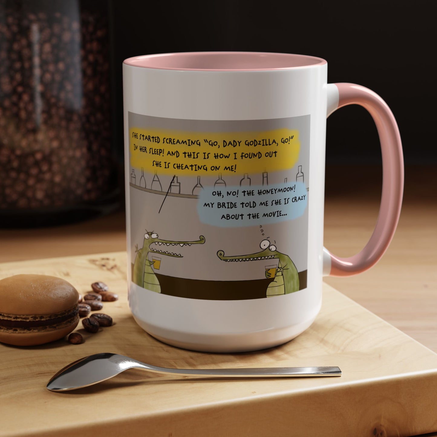 Godzilla Love Story With Two Crocodiles In A Bar And The Honeymoon Cartoon Accent Coffee Mug (11, 15oz)