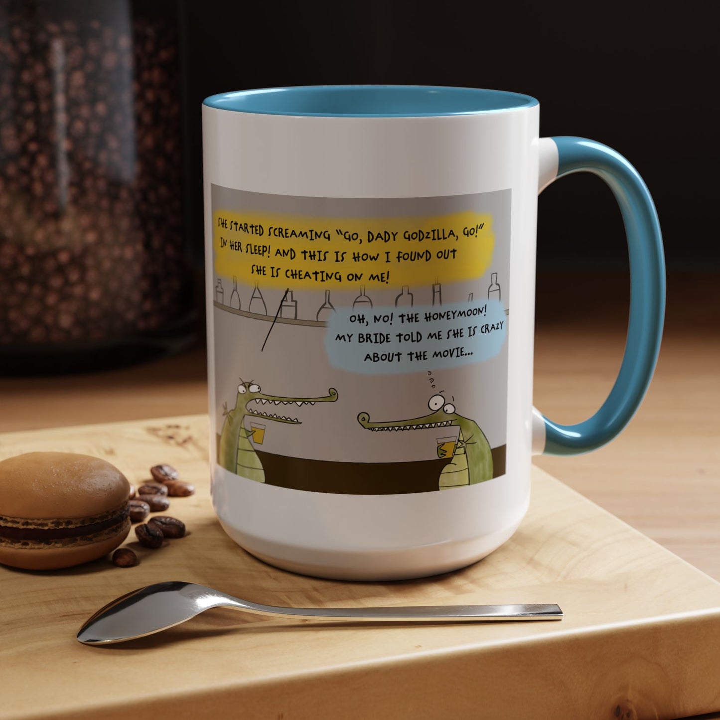 Godzilla Love Story With Two Crocodiles In A Bar And The Honeymoon Cartoon Accent Coffee Mug (11, 15oz)