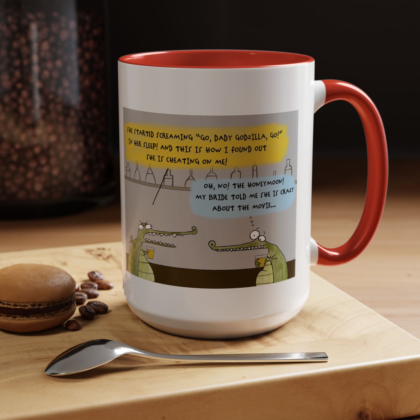 Godzilla Love Story With Two Crocodiles In A Bar And The Honeymoon Cartoon Accent Coffee Mug (11, 15oz)