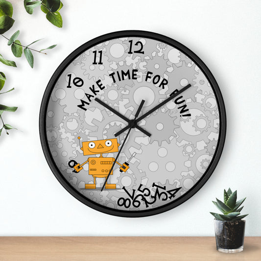 Funny Robot Wall Clock For Kids' Room Make Time for Fun With Black and Wooden Frame 10 inches