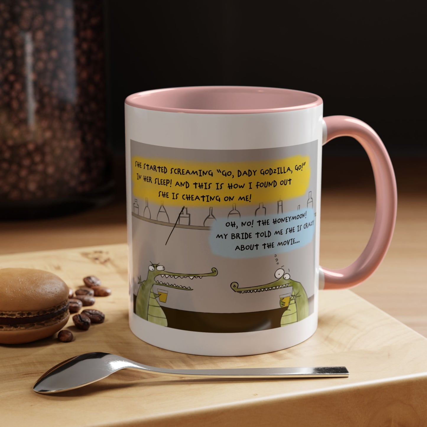 Godzilla Love Story With Two Crocodiles In A Bar And The Honeymoon Cartoon Accent Coffee Mug (11, 15oz)
