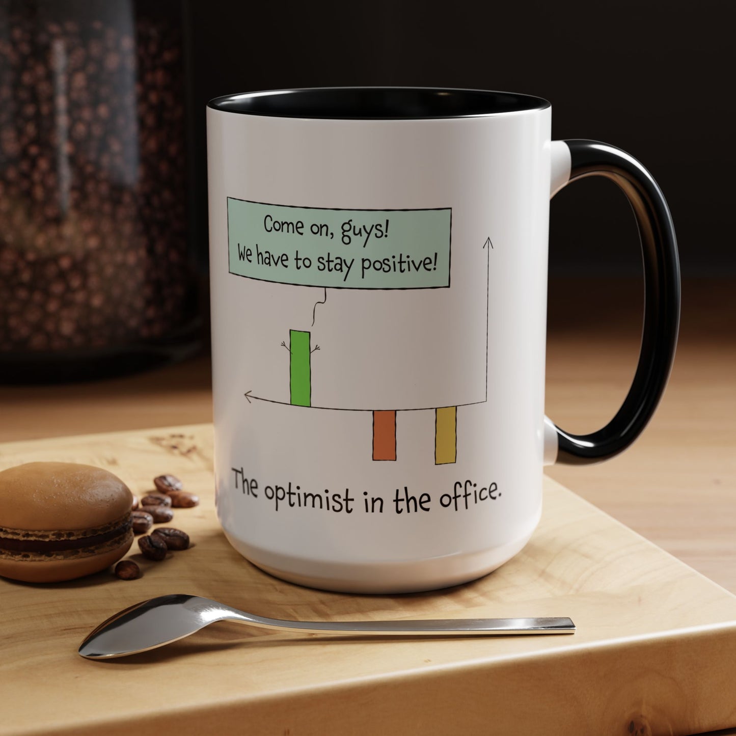 The Optimist In The Office And Positive Attitude pun joke colorful accent coffee mug 11oz and 15oz