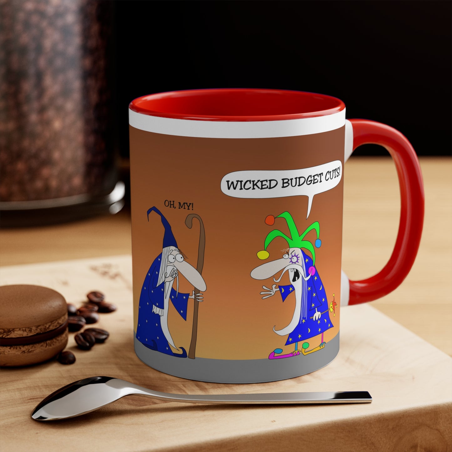 Two Funny Wizards With Stuff And Jester Hat The Magic Kingdom Budget Cuts Cartoon Two Tone Mug 11 0z