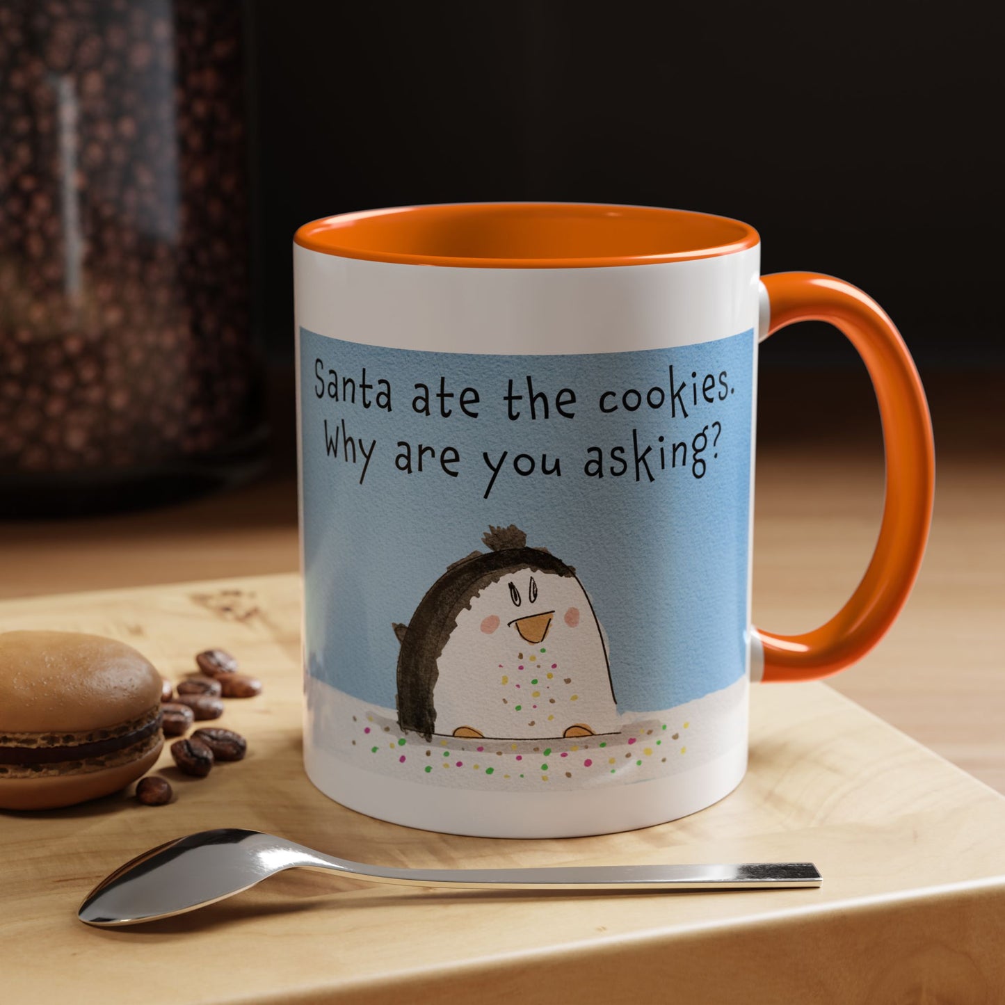 Christmas Holiday Season Coffee Mug With A Funny Penguin and Santa's cookies 11 oz and 15 oz