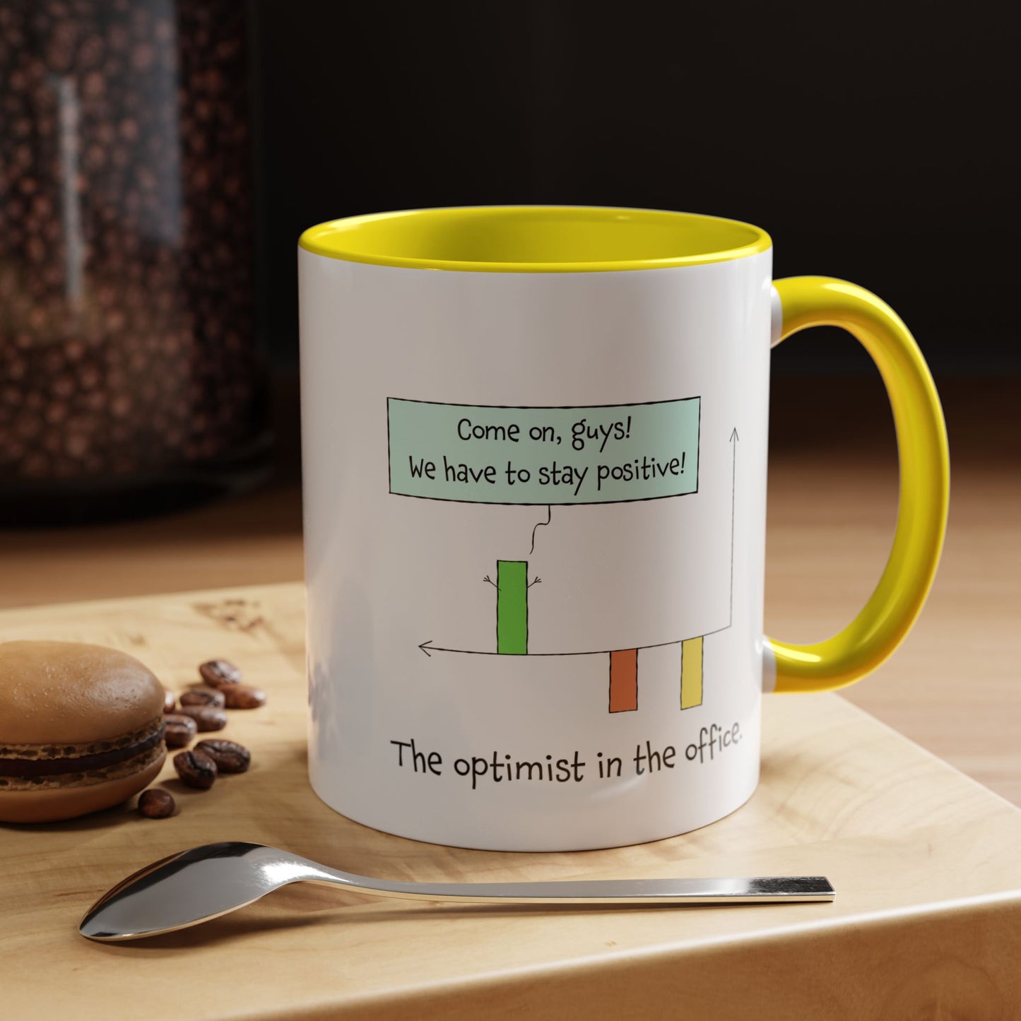 The Optimist In The Office And Positive Attitude pun joke colorful accent coffee mug 11oz and 15oz