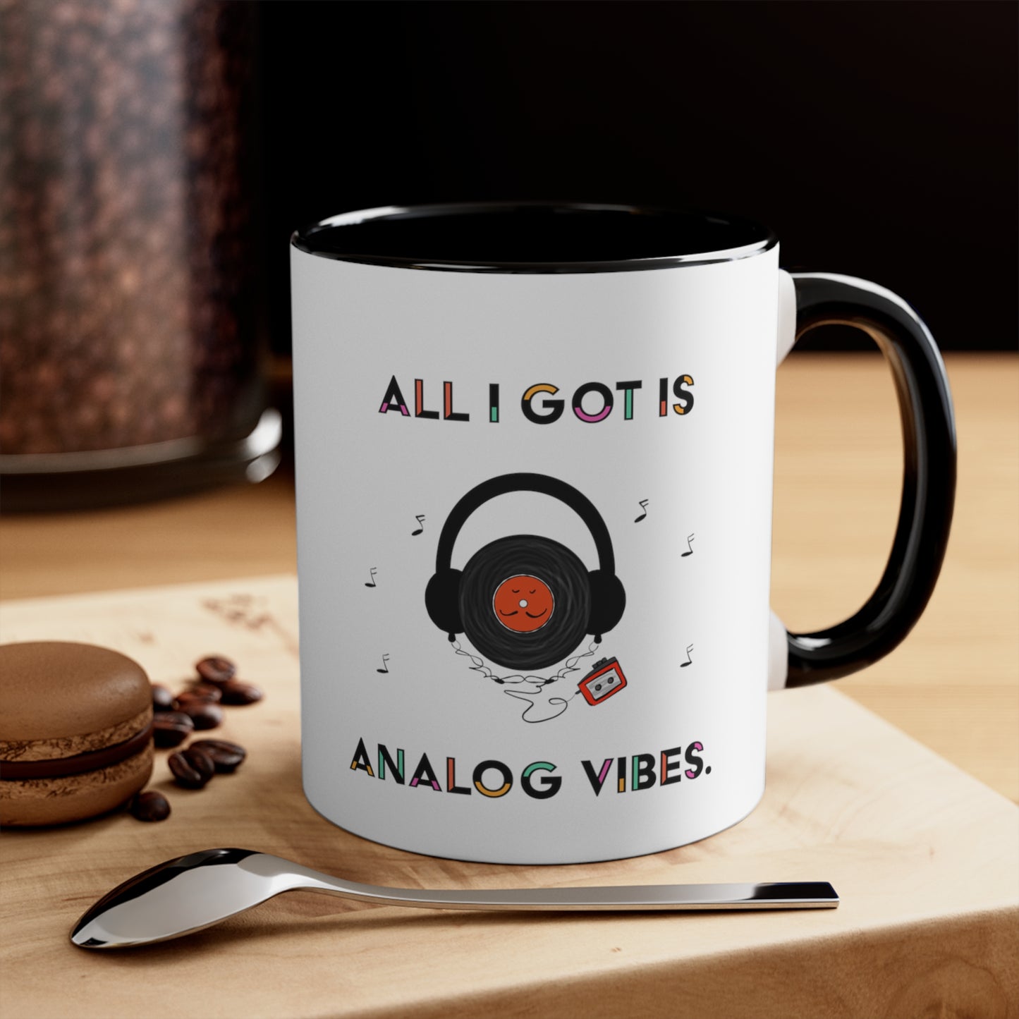 Good Vibes And Music Coffee Mug For Audiophile With A Cartoon Vinyl And Walkman Cassette Player joke 70' and 80's Music