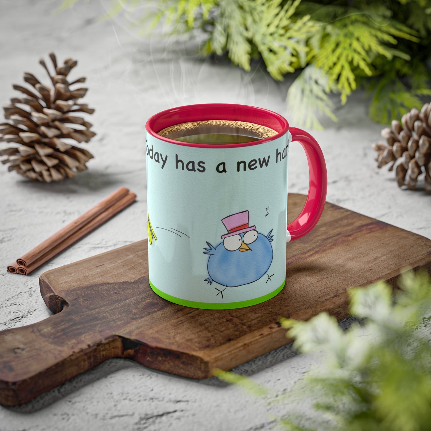 Mug With Optimism Message About Today Cartoon Of Running Blue Bird Wearing A Pink Fedora Hat accented mug 11oz