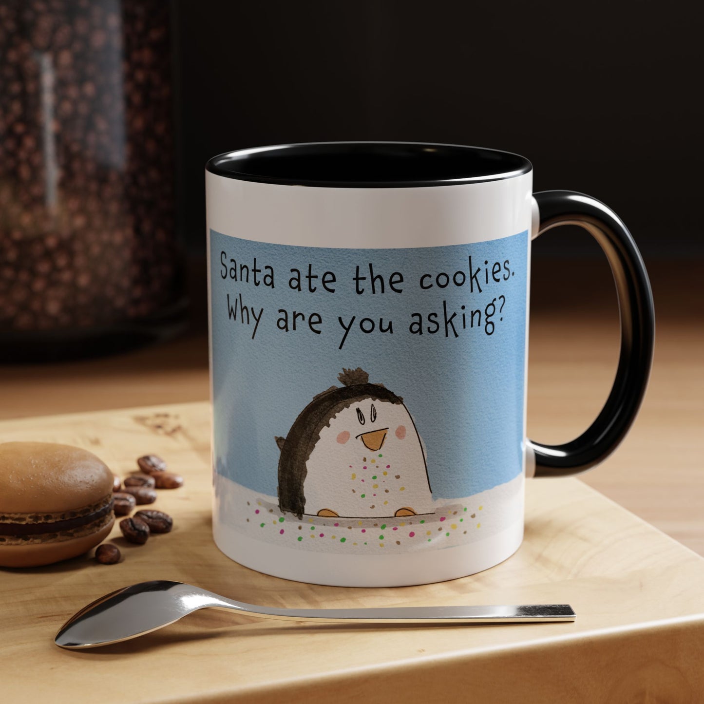 Christmas Holiday Season Coffee Mug With A Funny Penguin and Santa's cookies 11 oz and 15 oz