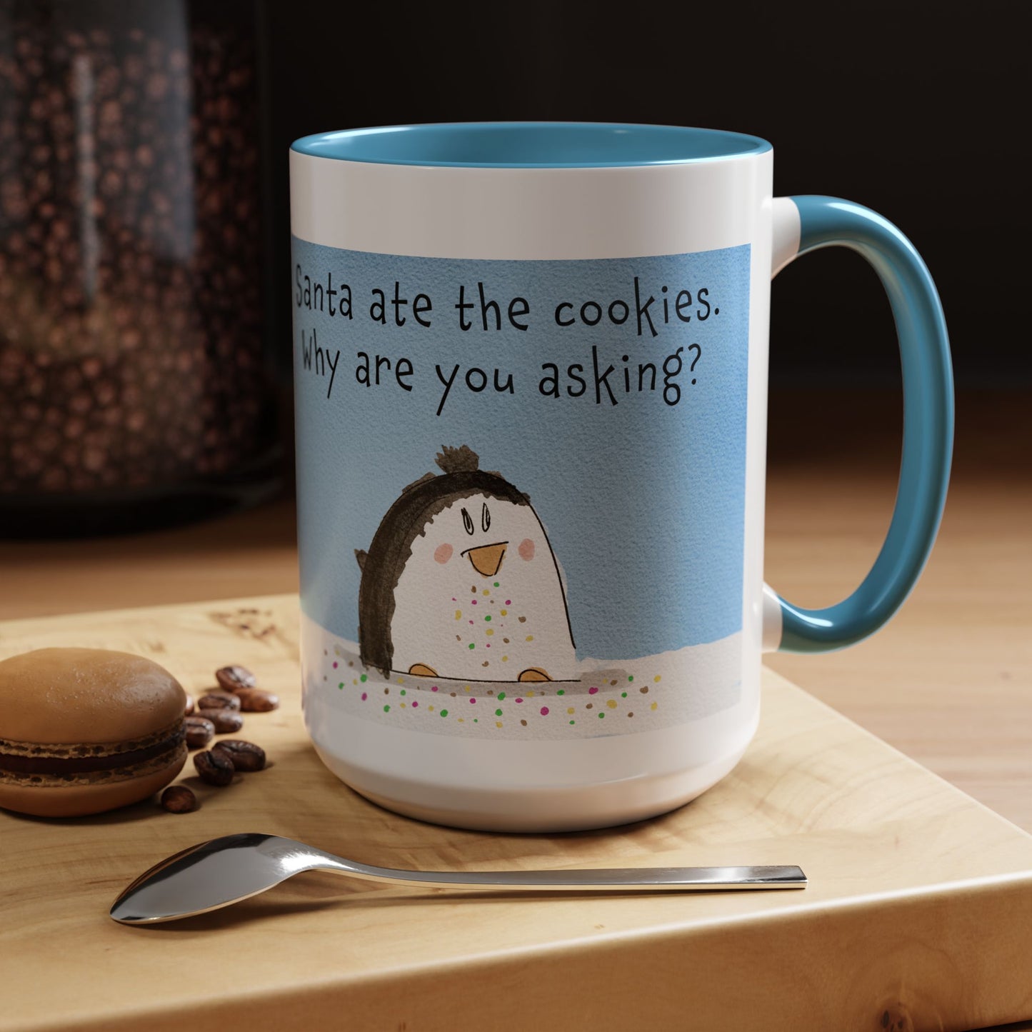 Christmas Holiday Season Coffee Mug With A Funny Penguin and Santa's cookies 11 oz and 15 oz